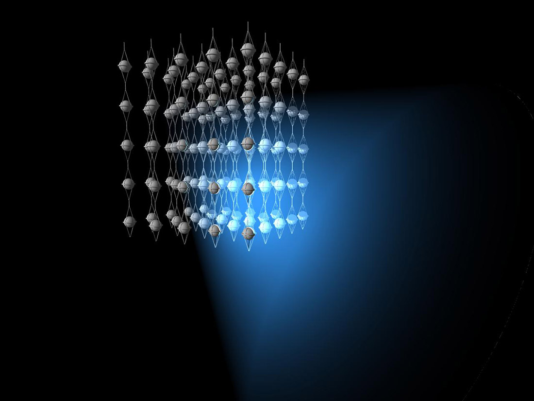 Artist rendering of the DOMs detecting the passage of neutrinos under the ice at the South Pole. Artist rendering of the DOMs detecting the passage of neutrinos under the ice at the South Pole. The detectors are installed throughout a cubic kilometer of pure ice.