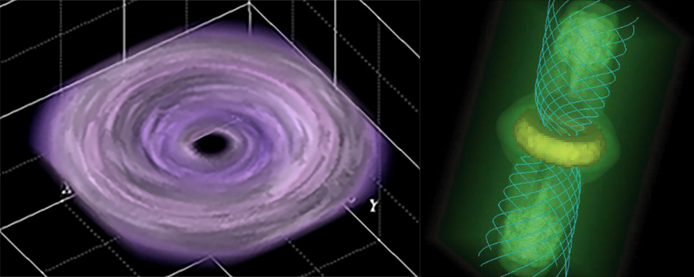 Simulation of a black hole accretion disk and astrophysical jets.