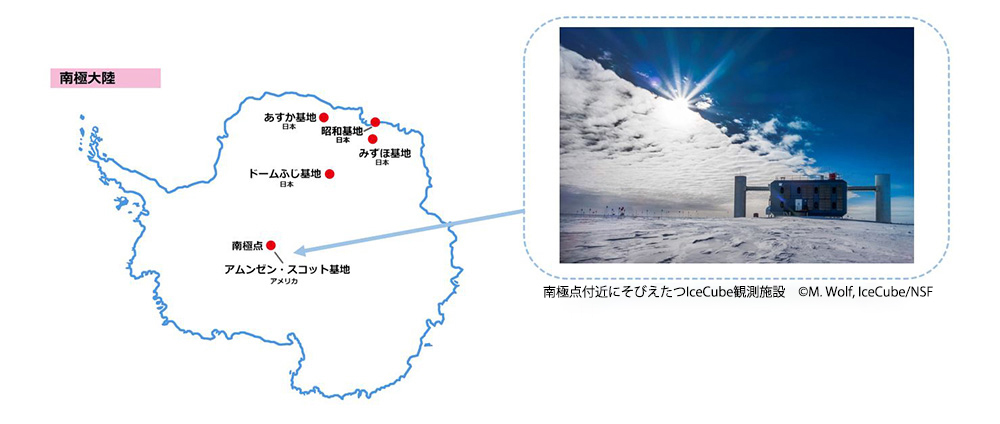 南極点付近にそびえたつIceCube観測施設